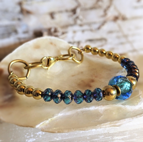 Blue Glass and Gold Beads in Gold Plated Beaded Bracelet - Picture 3 of 6
